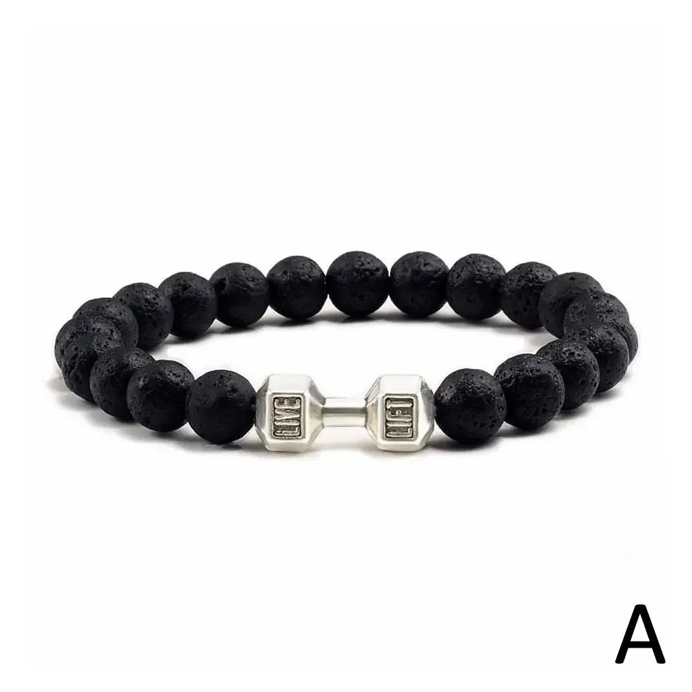 Natural Black Volcanic Lava Stone Dumbbell Bracelet Black Matte Beads Bracelets Fitness Barbell Jewellery Pulseras For Women