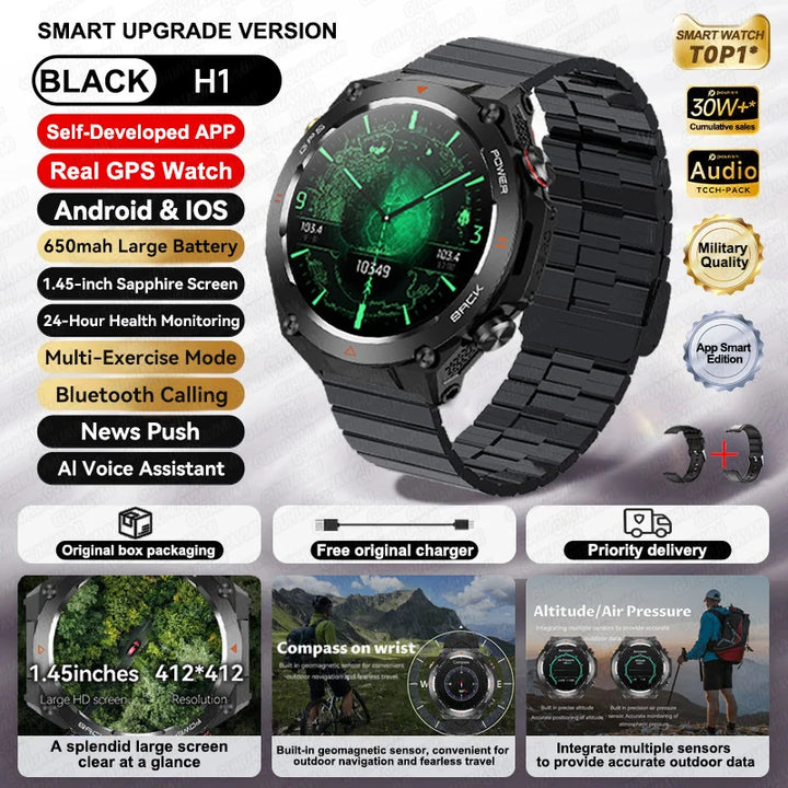 2024 New GPS Smart Watch 1.45" Ultra HD Display Built-in GPS & Compass Make/Receive Phone Calls Smart Bracelet 650mAh Battery