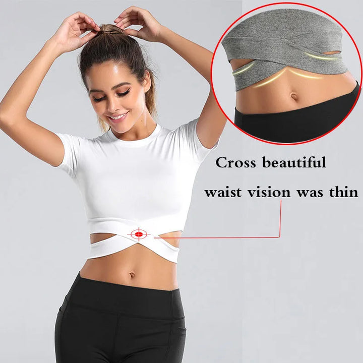 Aiithuug Sexy Waist Yoga Short Sleeve Crisscross Waist Breathable Gym