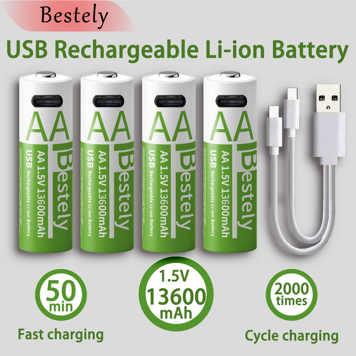 Bestely 1.5V 13600mAh USB AA Lithium ion Rechargeable Battery, Fast Charging Li-ion Akku  , 2000 Cycle with USB- C Port Cables