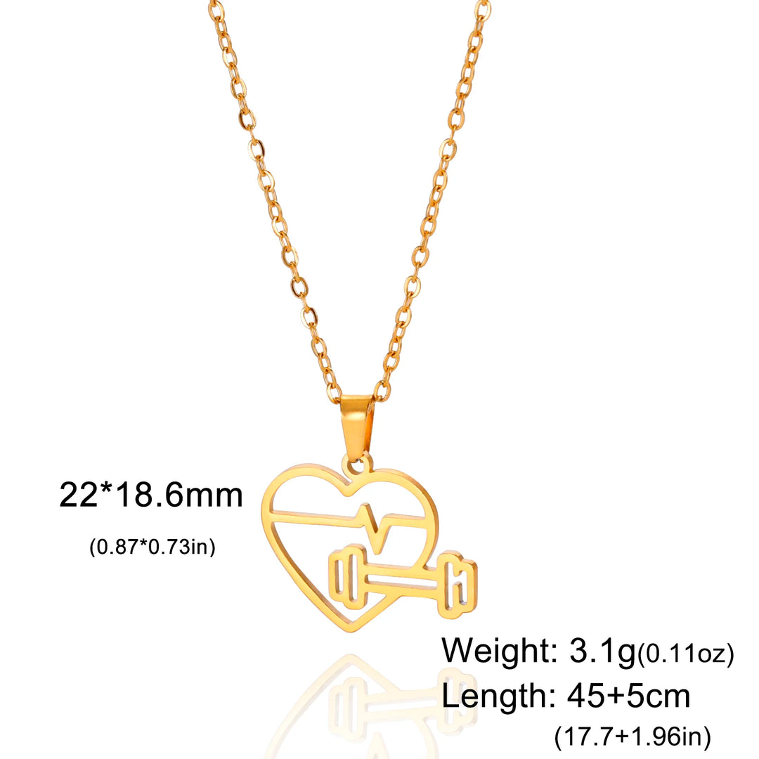 Lucktune Heartbeat Dumbbell Pendant Necklace Stainless Steel Heart Sport Chain Necklace Women Men Fashion Fitness Jewellery Gift