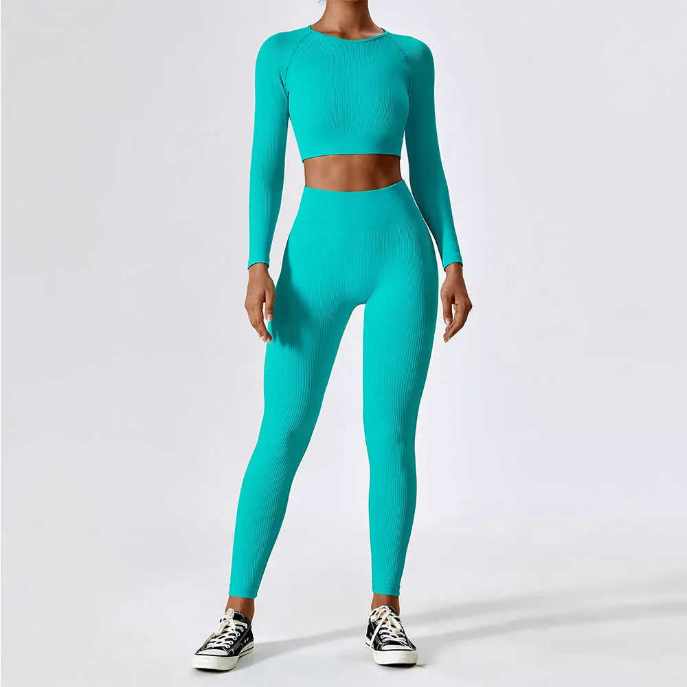 Ribbed Yoga Set Women Workout Sportswear Gym Clothing Fitness Long