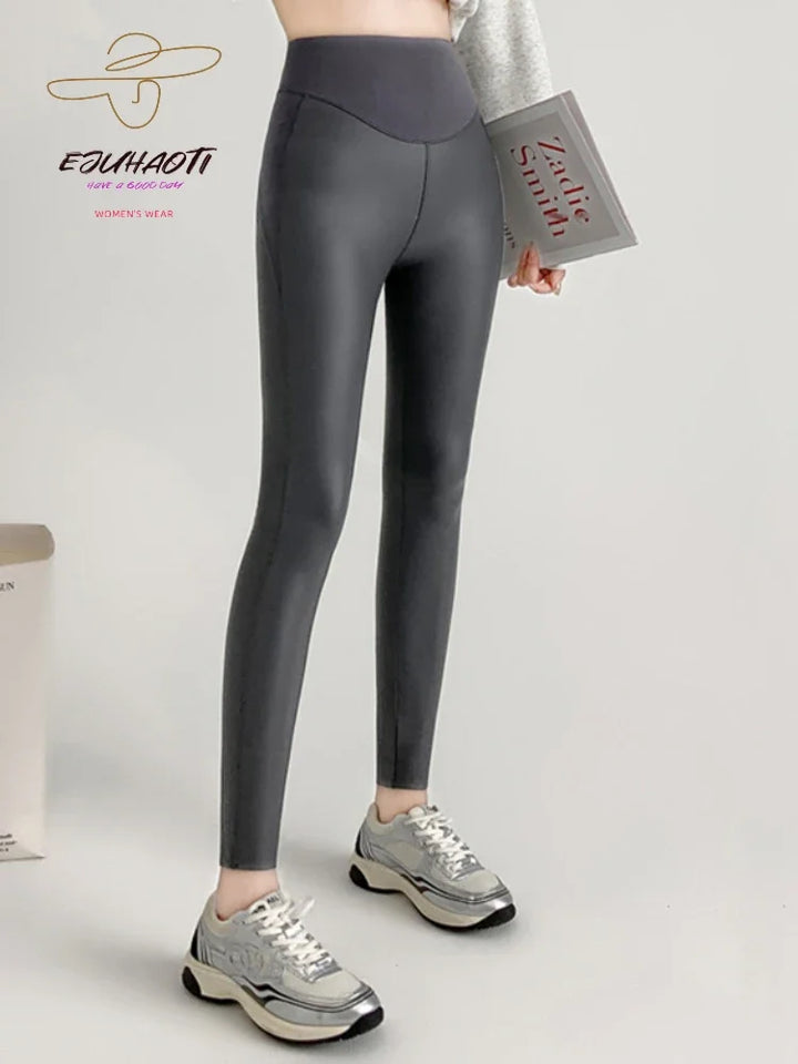 Women's PU Leather Fleece Sexy Leggings Fall New Tight Stretch Pants