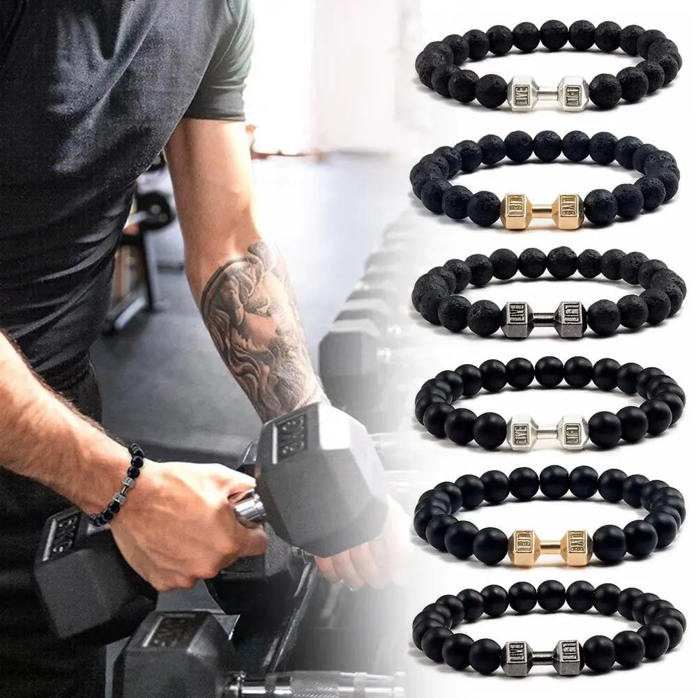 Natural Black Volcanic Lava Stone Dumbbell Bracelet Black Matte Beads Bracelets Fitness Barbell Jewellery Pulseras For Women