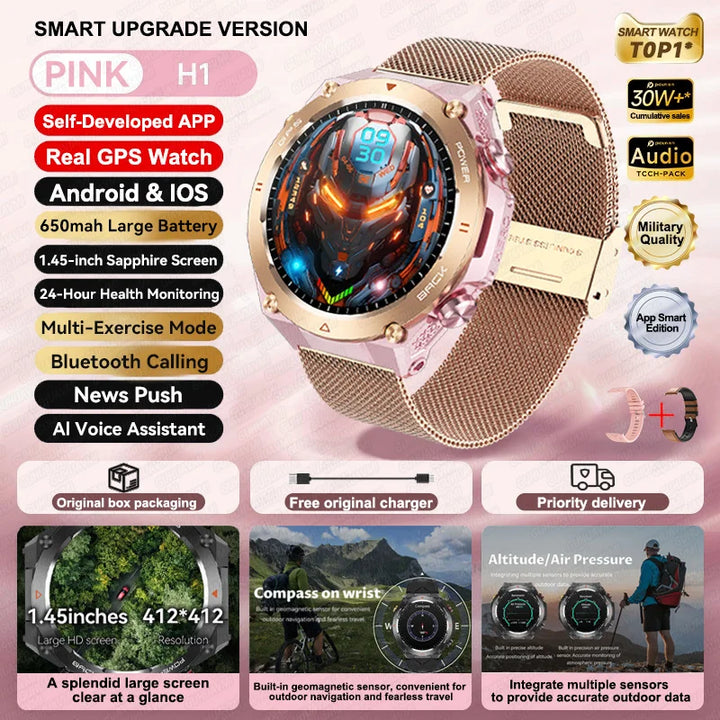 2024 New GPS Smart Watch 1.45" Ultra HD Display Built-in GPS & Compass Make/Receive Phone Calls Smart Bracelet 650mAh Battery