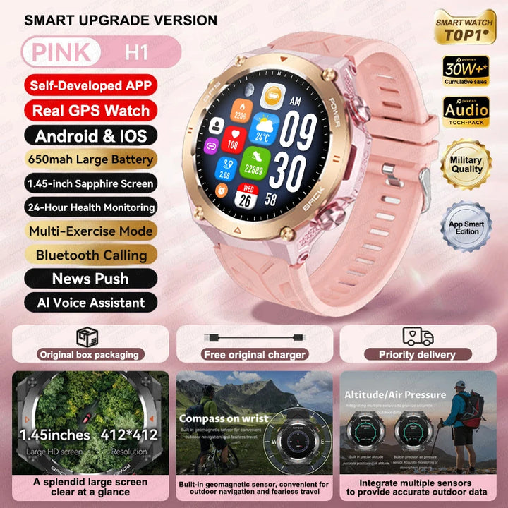 2024 New GPS Smart Watch 1.45" Ultra HD Display Built-in GPS & Compass Make/Receive Phone Calls Smart Bracelet 650mAh Battery