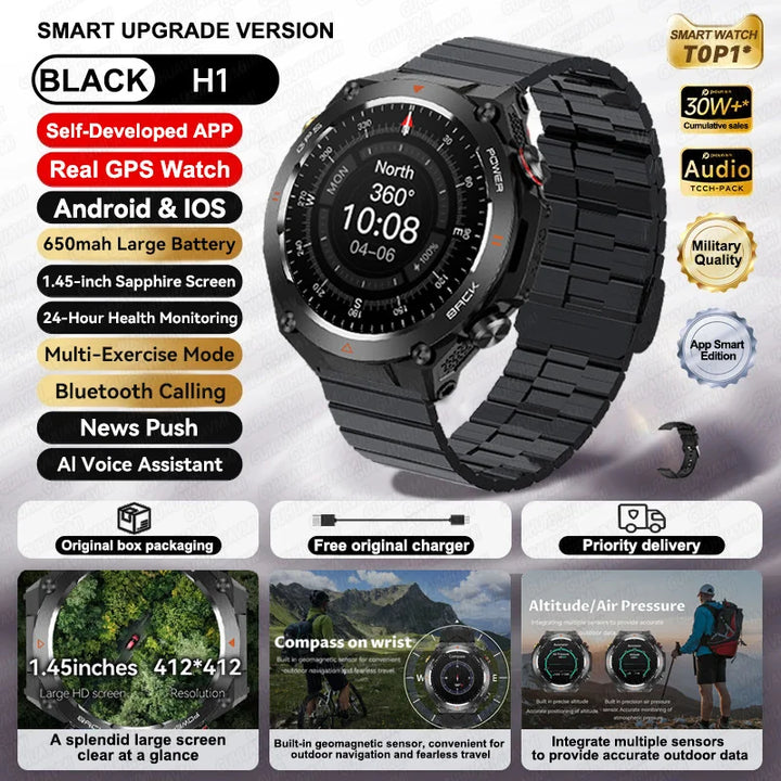 2024 New GPS Smart Watch 1.45" Ultra HD Display Built-in GPS & Compass Make/Receive Phone Calls Smart Bracelet 650mAh Battery