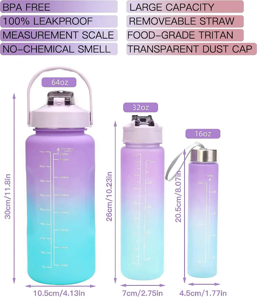 3Pcs/Set Large Capacity Water Bottle Set,Portable Plastic Frosted