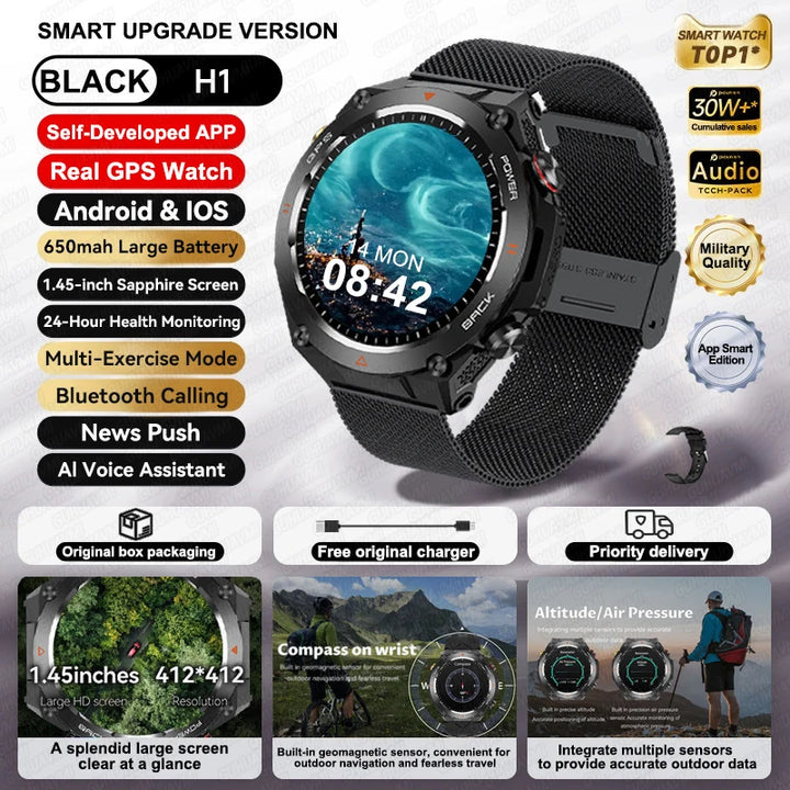 2024 New GPS Smart Watch 1.45" Ultra HD Display Built-in GPS & Compass Make/Receive Phone Calls Smart Bracelet 650mAh Battery