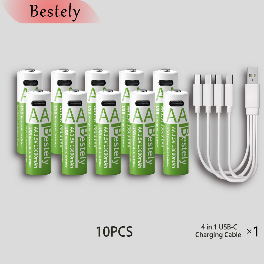 Bestely 1.5V 13600mAh USB AA Lithium ion Rechargeable Battery, Fast Charging Li-ion Akku  , 2000 Cycle with USB- C Port Cables