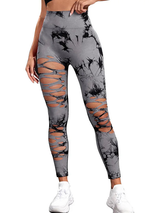 Women Tie Dye Hollow Out Leggings Sports Pants Fitness Sportswear Sexy