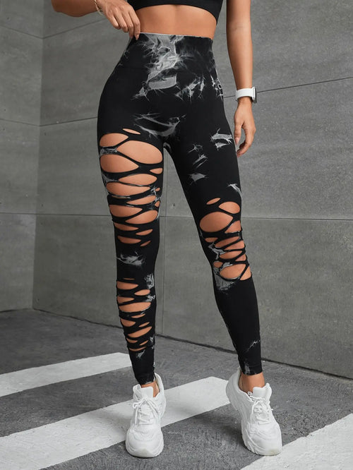 Women Tie Dye Hollow Out Leggings Sports Pants Fitness Sportswear Sexy