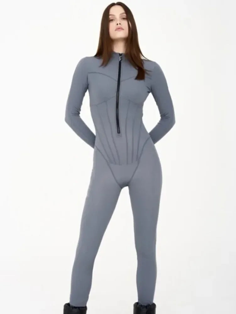 Sexy Elegant Women Zip-Up O-neck Long Sleeve Jumpsuit Streetwear 2024