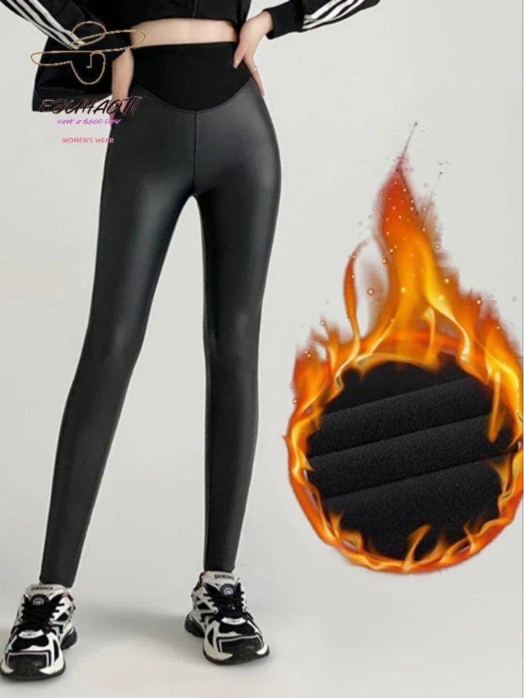 Women's PU Leather Fleece Sexy Leggings Fall New Tight Stretch Pants