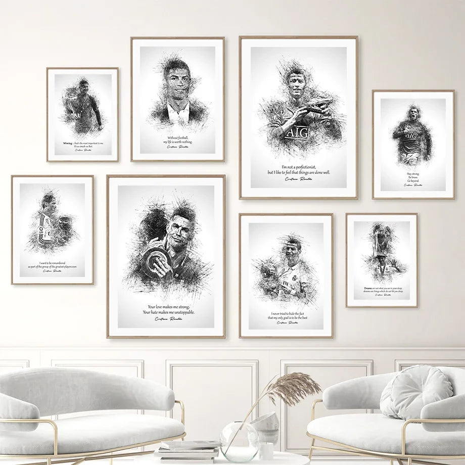 Black White Best FIFA Player Cristiano Ronaldo Nordic Posters And Prints Wall Art Canvas Painting Home Decoration Pictures Club