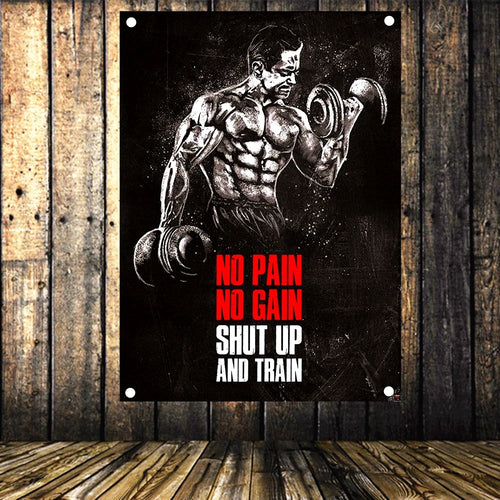 NO PAIN NO GAIN SHUT UP AND TRAIN Exercise Fitness Banner Flag