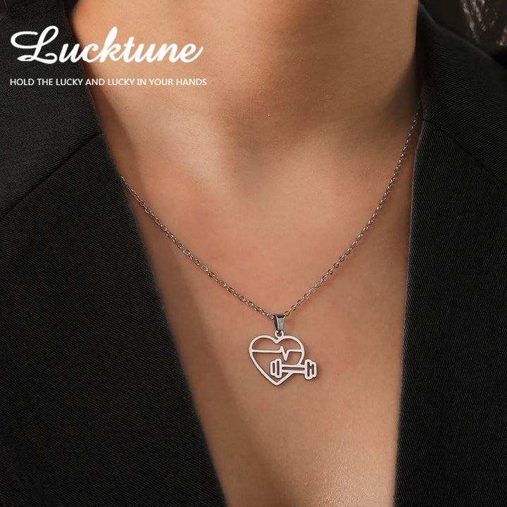 Lucktune Heartbeat Dumbbell Pendant Necklace Stainless Steel Heart Sport Chain Necklace Women Men Fashion Fitness Jewellery Gift