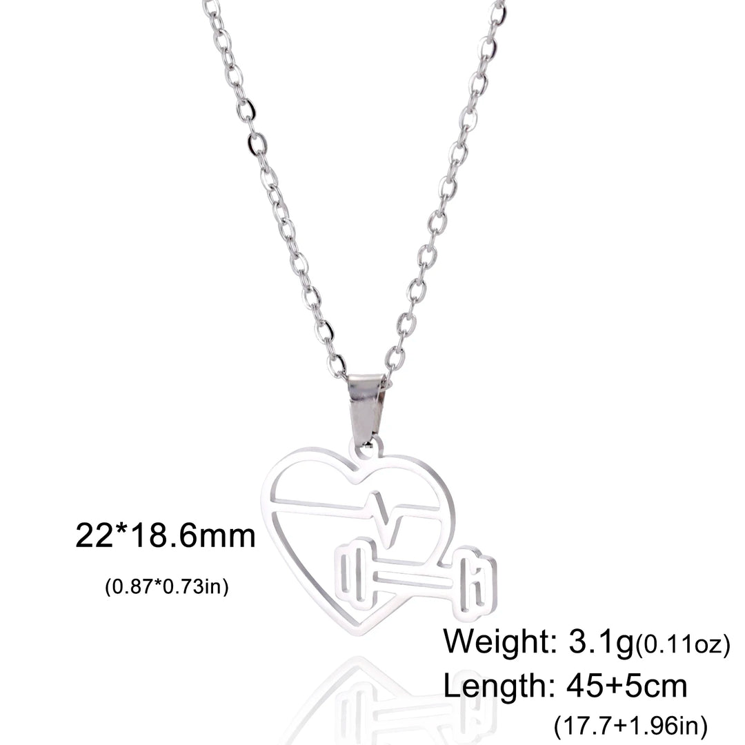 Lucktune Heartbeat Dumbbell Pendant Necklace Stainless Steel Heart Sport Chain Necklace Women Men Fashion Fitness Jewellery Gift