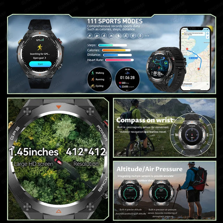 2024 New GPS Smart Watch 1.45" Ultra HD Display Built-in GPS & Compass Make/Receive Phone Calls Smart Bracelet 650mAh Battery