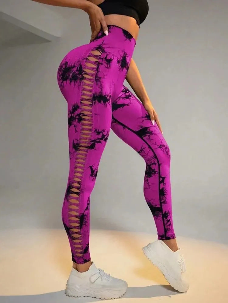 Women Tie Dye Hollow Out Leggings Sports Yoga Pants Fitness Sportswear