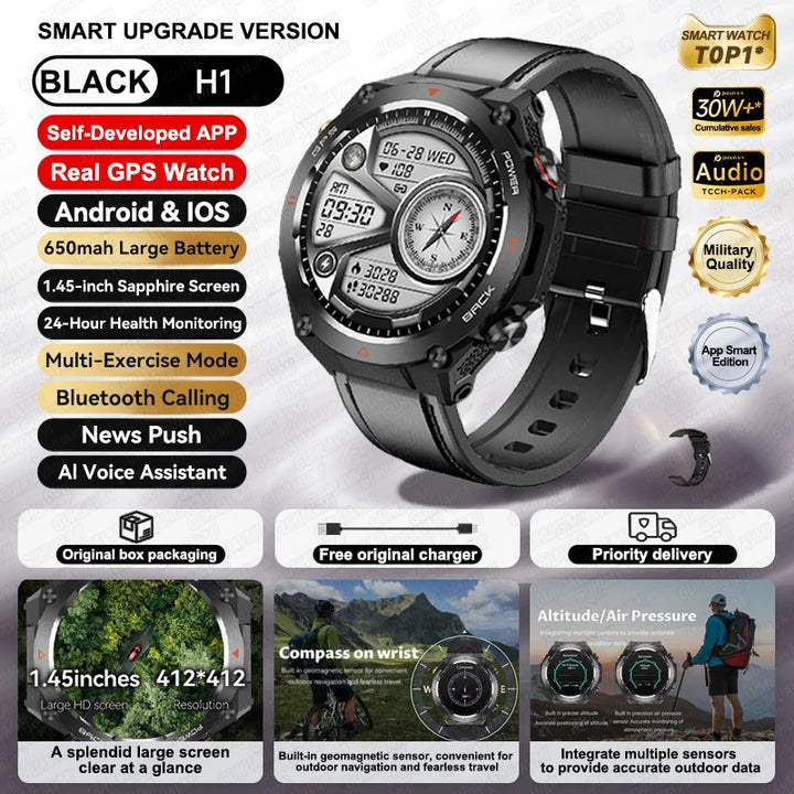 2024 New GPS Smart Watch 1.45" Ultra HD Display Built-in GPS & Compass Make/Receive Phone Calls Smart Bracelet 650mAh Battery