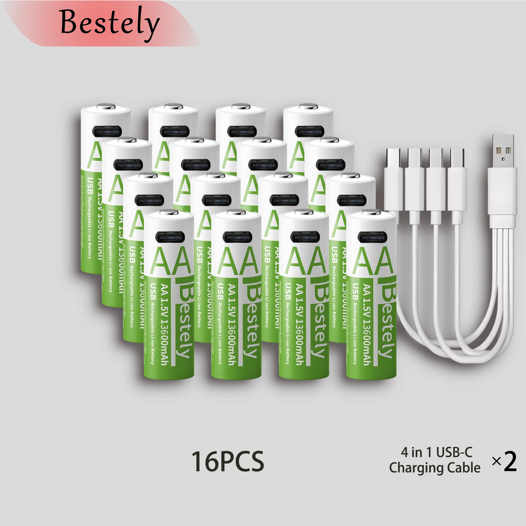 Bestely 1.5V 13600mAh USB AA Lithium ion Rechargeable Battery, Fast Charging Li-ion Akku  , 2000 Cycle with USB- C Port Cables