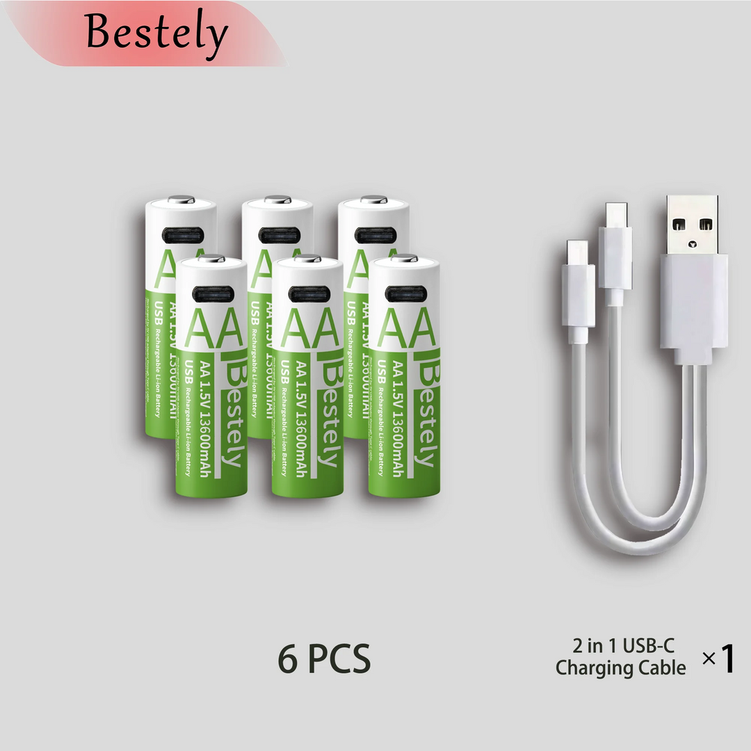 Bestely 1.5V 13600mAh USB AA Lithium ion Rechargeable Battery, Fast Charging Li-ion Akku  , 2000 Cycle with USB- C Port Cables