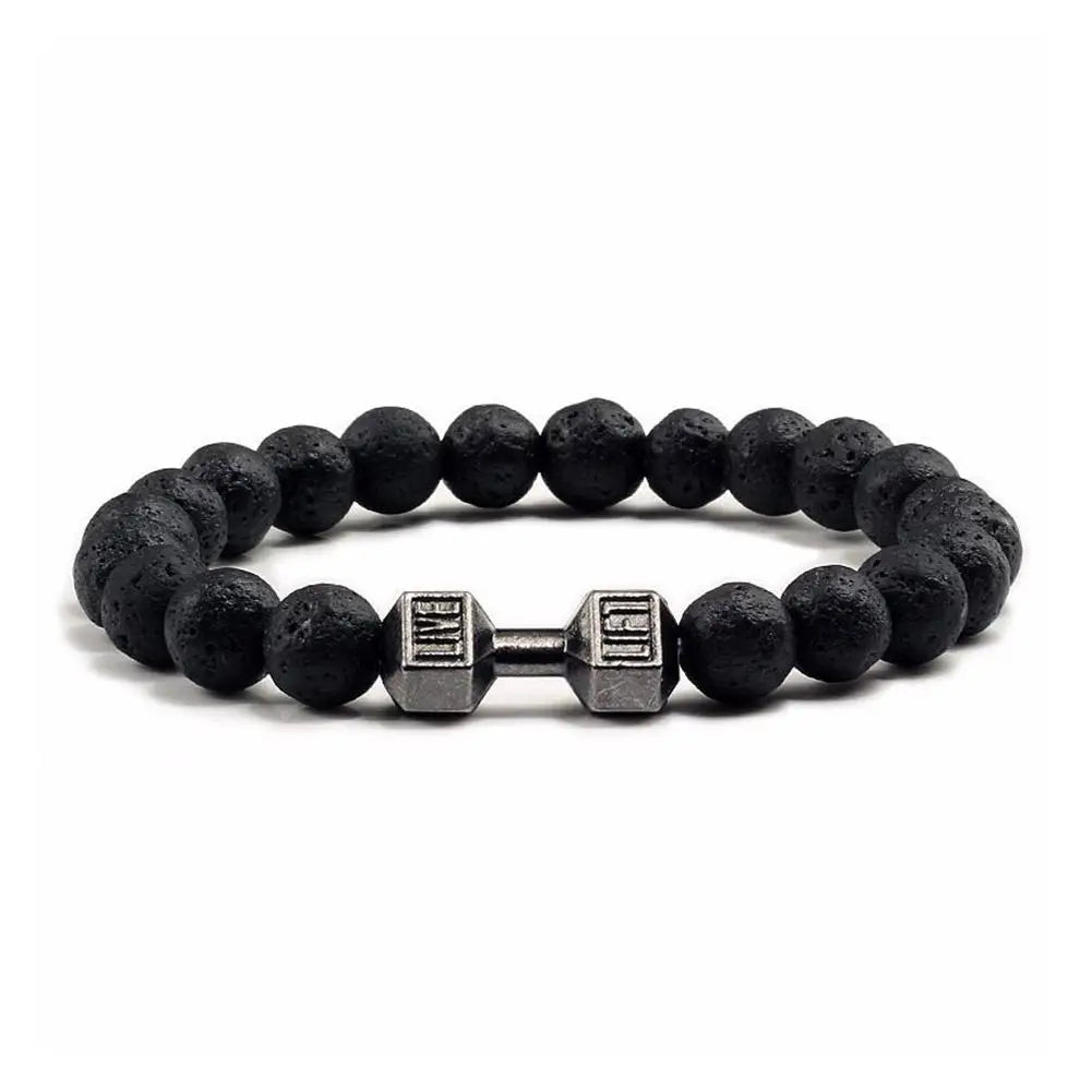 Natural Black Volcanic Lava Stone Dumbbell Bracelet Black Matte Beads Bracelets Fitness Barbell Jewellery Pulseras For Women