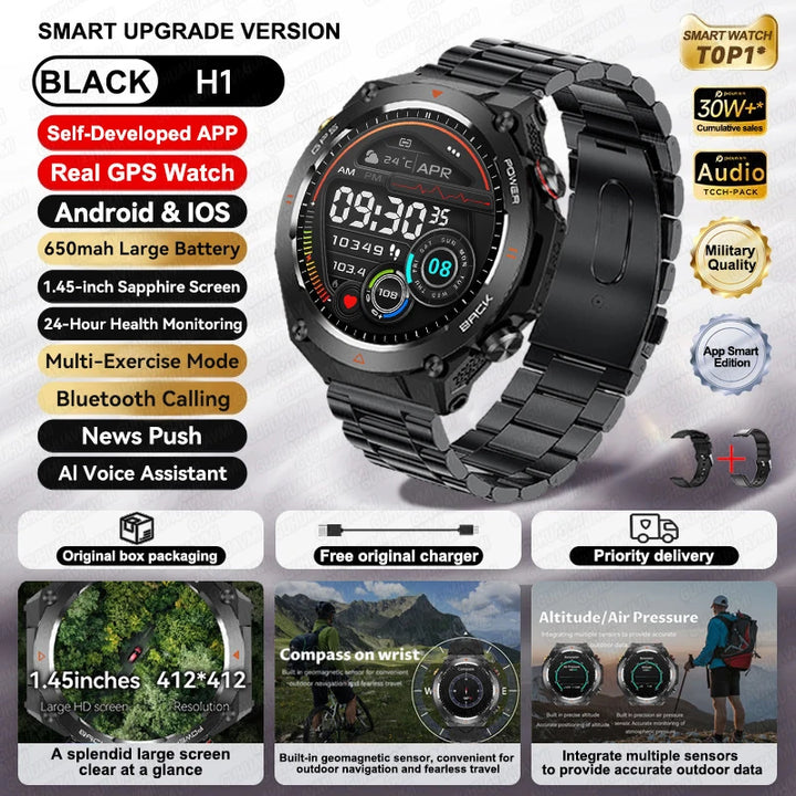 2024 New GPS Smart Watch 1.45" Ultra HD Display Built-in GPS & Compass Make/Receive Phone Calls Smart Bracelet 650mAh Battery