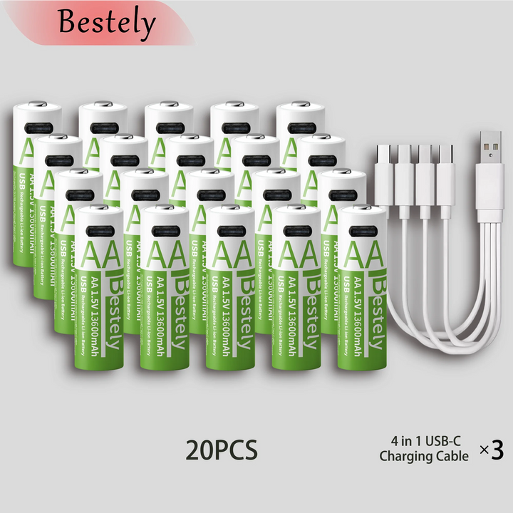 Bestely 1.5V 13600mAh USB AA Lithium ion Rechargeable Battery, Fast Charging Li-ion Akku  , 2000 Cycle with USB- C Port Cables