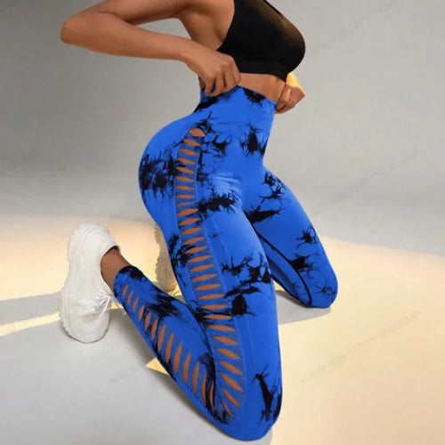 Women Tie Dye Hollow Out Leggings Sports Yoga Pants Fitness Sportswear