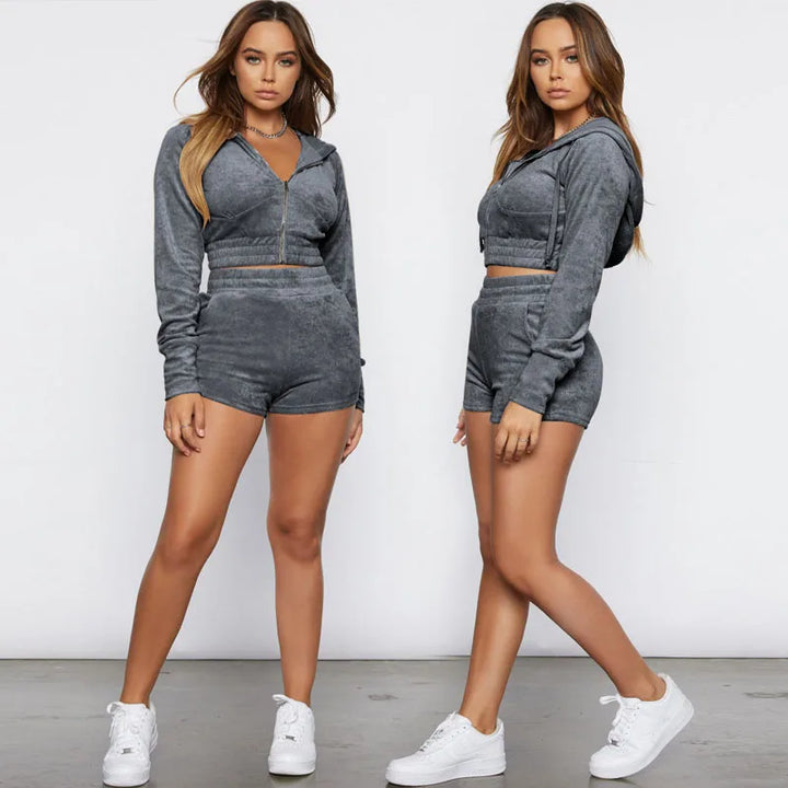 Velvet Tracksuit Women Sporty 2 Piece Set Hipster Casual Hooded Zip Jersey+Shorts 2024 Fashion Matching Streetwear