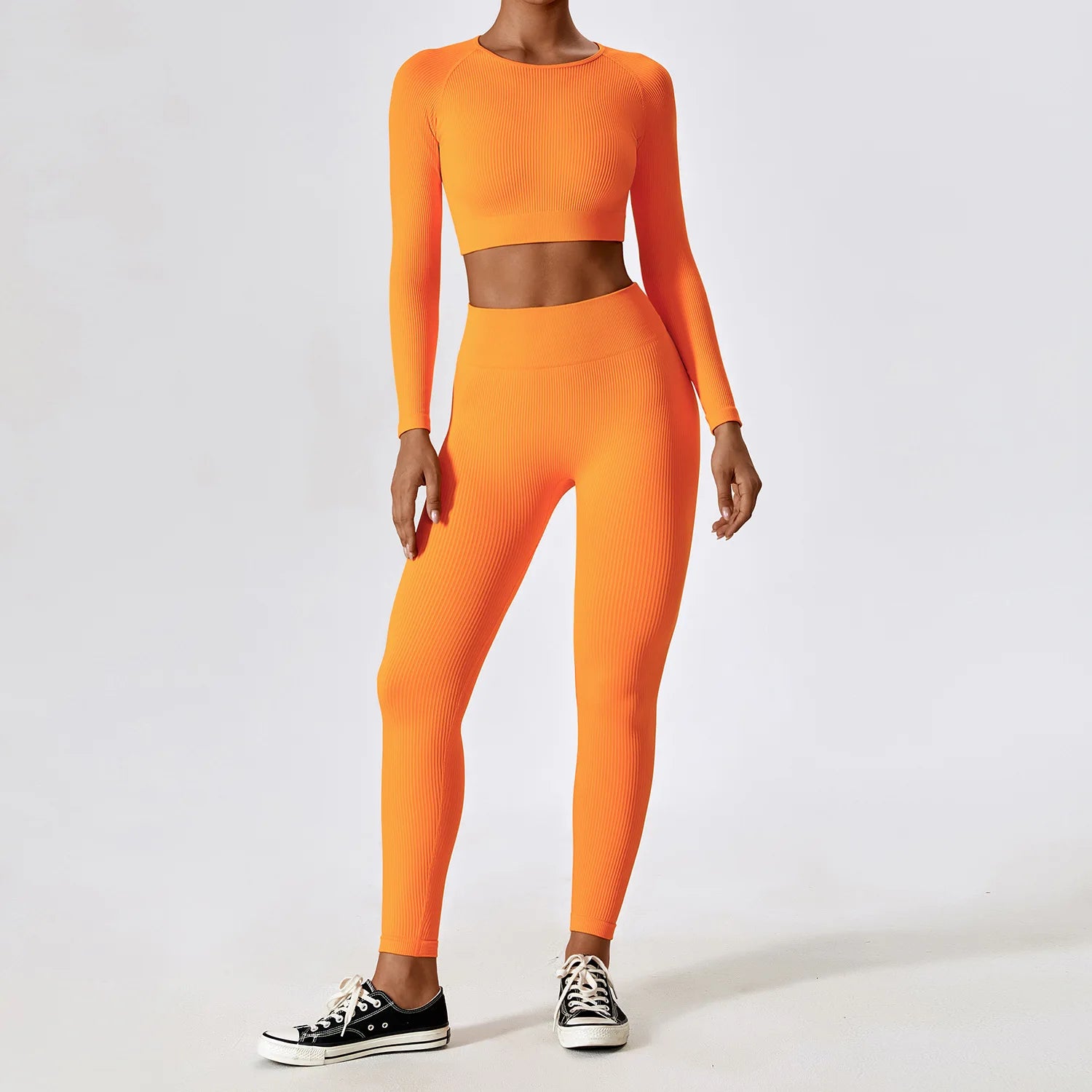 Ribbed Yoga Set Women Workout Sportswear Gym Clothing Fitness Long