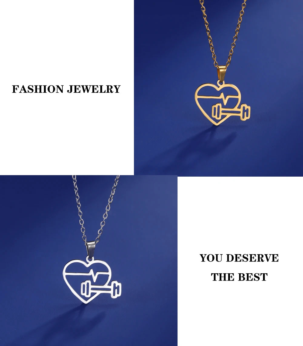 Lucktune Heartbeat Dumbbell Pendant Necklace Stainless Steel Heart Sport Chain Necklace Women Men Fashion Fitness Jewellery Gift