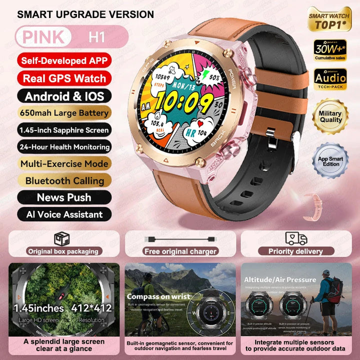 2024 New GPS Smart Watch 1.45" Ultra HD Display Built-in GPS & Compass Make/Receive Phone Calls Smart Bracelet 650mAh Battery