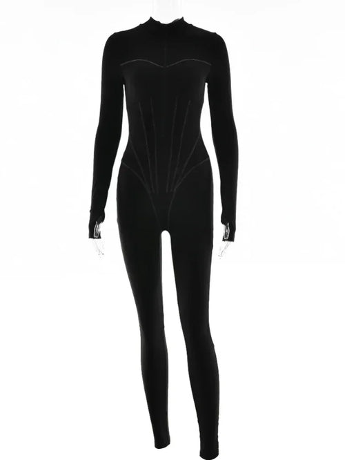 Sexy Elegant Women Zip-Up O-neck Long Sleeve Jumpsuit Streetwear 2024
