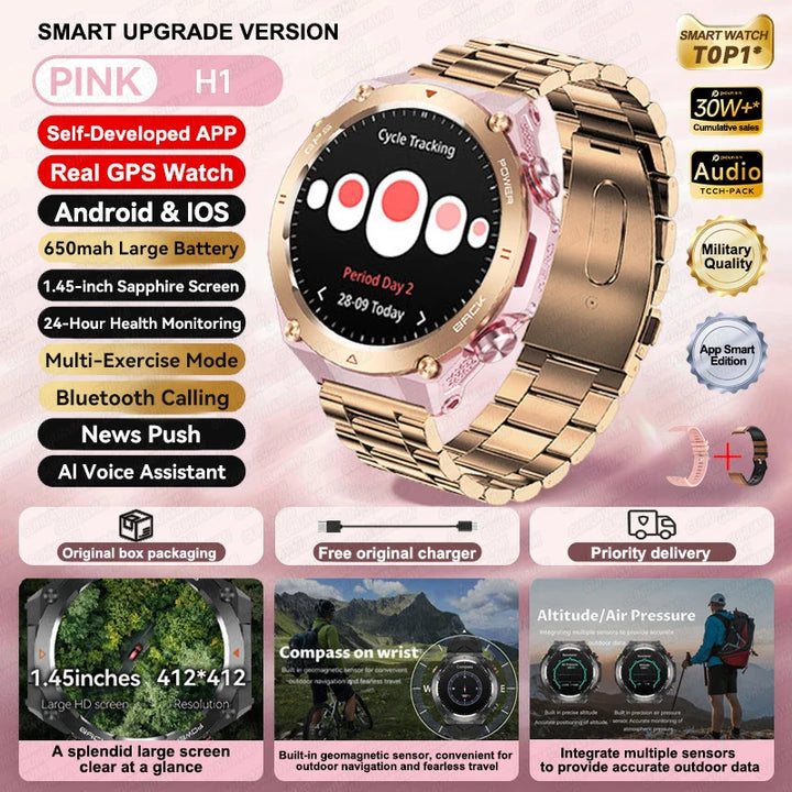 2024 New GPS Smart Watch 1.45" Ultra HD Display Built-in GPS & Compass Make/Receive Phone Calls Smart Bracelet 650mAh Battery