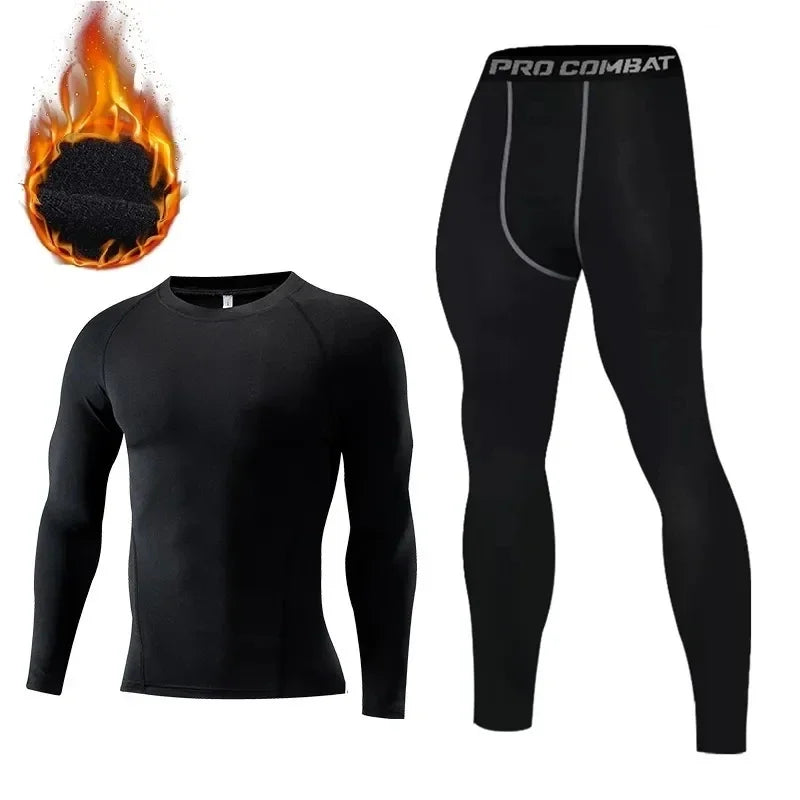 Winter Warm Fleece Gym Fitness Sets Men Elastic Sports Running Sets Thermal Tight Exercise Tops + Long Johns Base Layer leggings