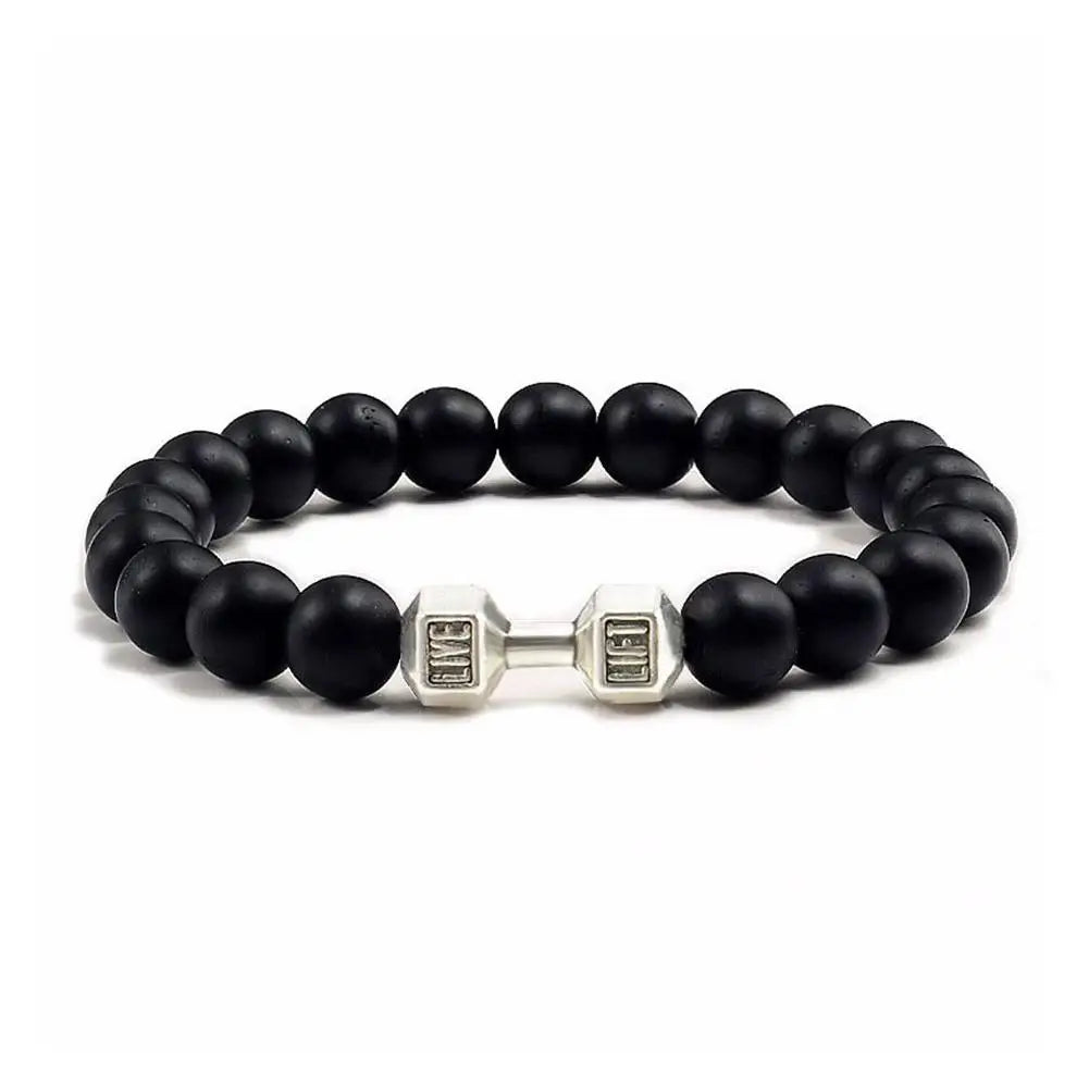 Natural Black Volcanic Lava Stone Dumbbell Bracelet Black Matte Beads Bracelets Fitness Barbell Jewellery Pulseras For Women