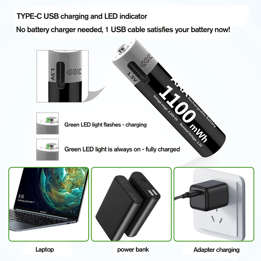 MATOV Li-ion AAA and AA Rechargeable Batteries USB Lithium-ion 3400mWh 1.5V AA Rechargeable Batteries+1100mWh 1.5V AAA Battery