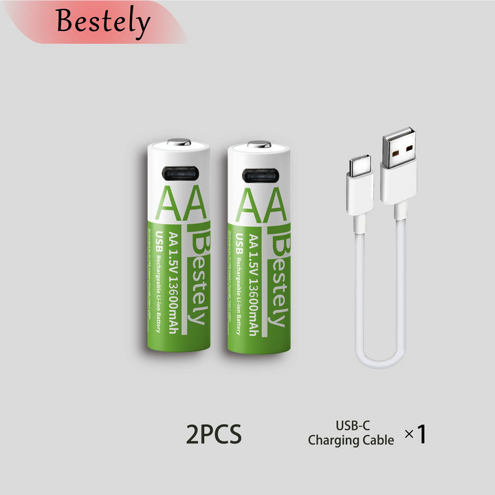 Bestely 1.5V 13600mAh USB AA Lithium ion Rechargeable Battery, Fast Charging Li-ion Akku  , 2000 Cycle with USB- C Port Cables