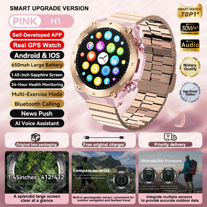 2024 New GPS Smart Watch 1.45" Ultra HD Display Built-in GPS & Compass Make/Receive Phone Calls Smart Bracelet 650mAh Battery