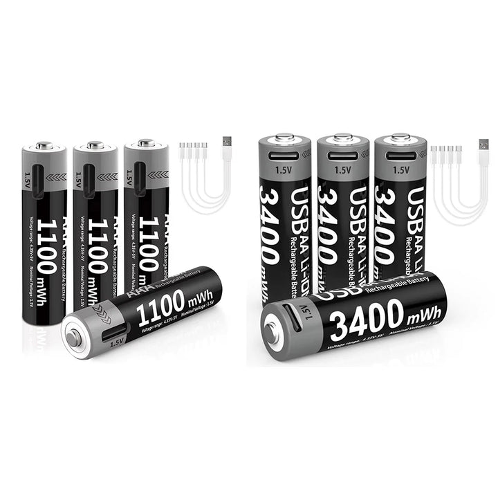 MATOV Li-ion AAA and AA Rechargeable Batteries USB Lithium-ion 3400mWh 1.5V AA Rechargeable Batteries+1100mWh 1.5V AAA Battery