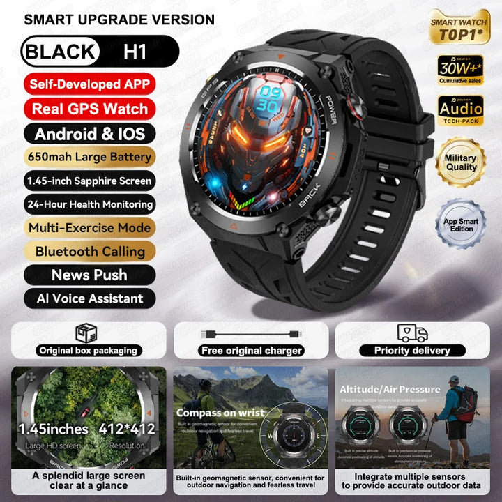 2024 New GPS Smart Watch 1.45" Ultra HD Display Built-in GPS & Compass Make/Receive Phone Calls Smart Bracelet 650mAh Battery