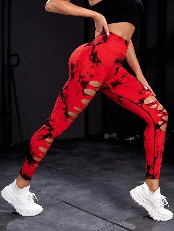 Women Tie Dye Hollow Out Leggings Sports Pants Fitness Sportswear Sexy