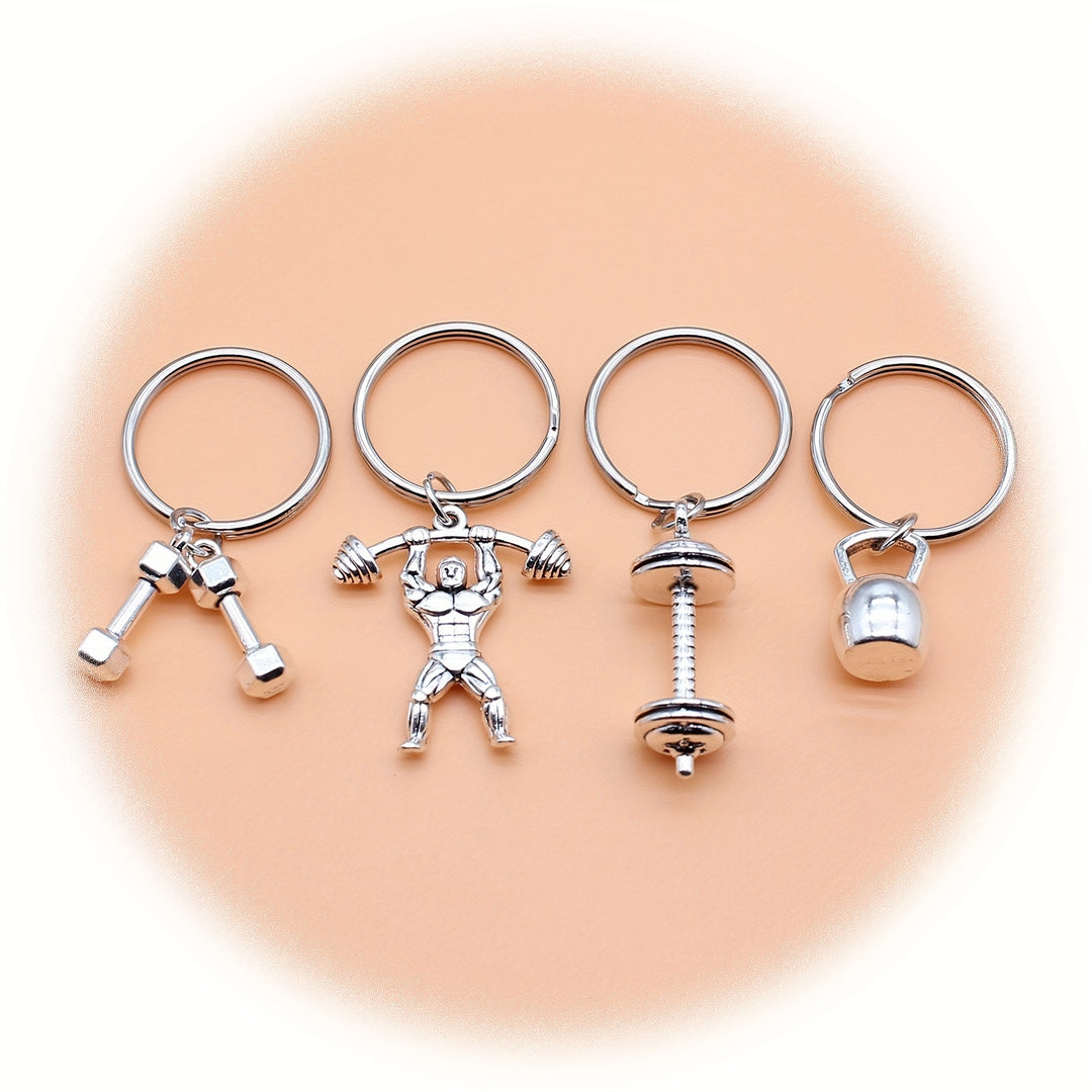 A Set Of 4pcs Men's Golden Keychain, Weightlifting Fitness Keychain Gift Set, Dumbbell Barbell Kettlebell Keychain