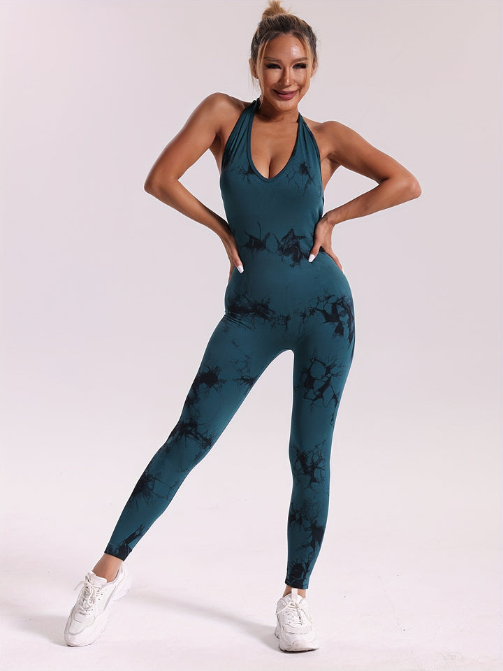 Tie Dye Halter Neck Sports Jumpsuits, Seamless Backless Sexy Yoga Workout Catsuit, Women's Activewear