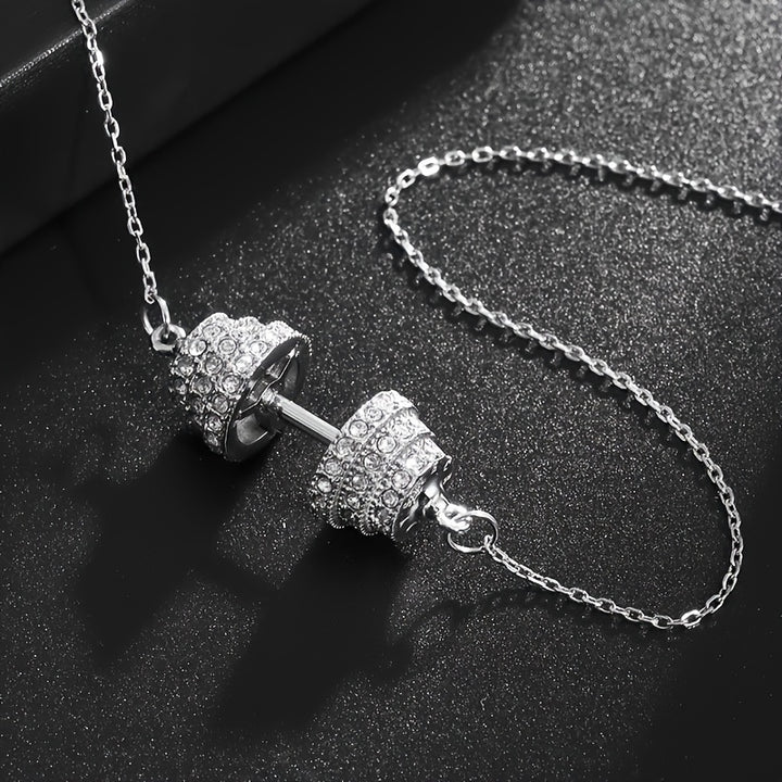 A Trendy And Creative Necklace With Zirconia Inlaid Dumbbell Pendant, Suitable For Both Men And Women For Casual Parties, Sports, Fitness, And As A Fashionable Accessory Gift.