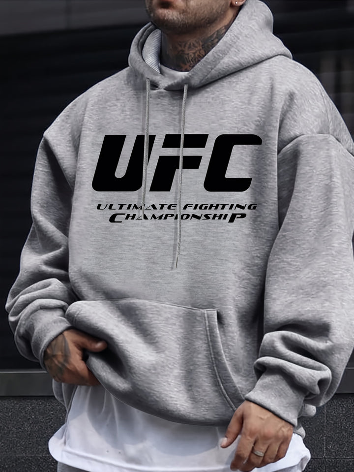 UFC Ultimate Fighting Championship Men'S Casual Polyester Hoodie - Knit Fabric with Slight Stretch, Hooded Collar, Regular Fit, Print Long Sleeve Pullover for Fall/Winter