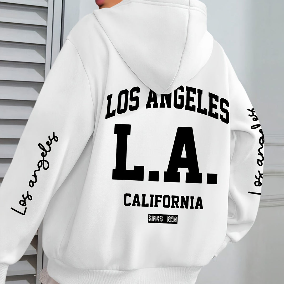 Women'S Plus Size Casual Hoodie with Los Angeles Print, Long Sleeve Pullover Sweatshirt with Pocket, 100% Polyester Knit Fabric, Slight Stretch, Fall/Winter Hooded Clothing